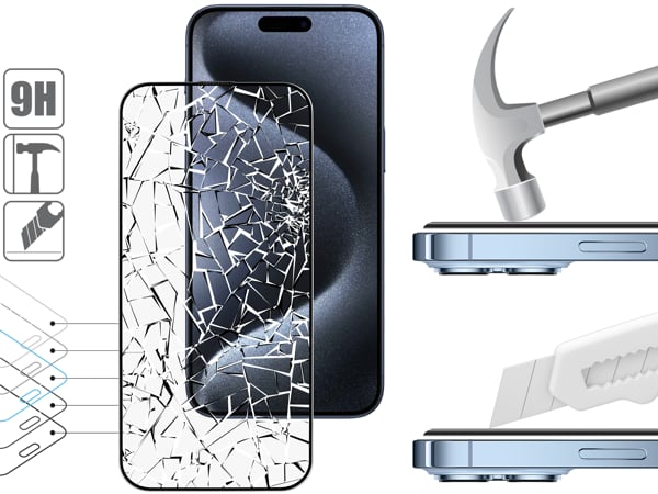Budowa i wytrzymałość szkła hartowanego moVear mBOX GLASS mSHIELD 2.5D MAX MATT na iPhone 15 Pro Max (6.7 Wytrzymałe szkło moVear mBOX GLASS mSHIELD 2.5D MAX MATT ochroni ekran Twojego iPhone 15 Pro Max. Wizualizacja warstw i powłok produktu.