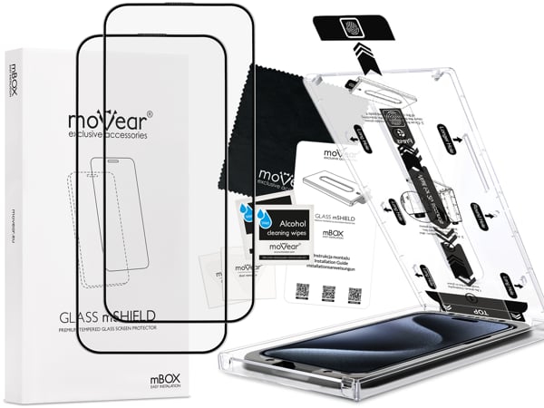 Zawartość zestawu moVear mBOX GLASS mSHIELD 2.5D MAX MATT na Apple iPhone 15 Pro Max (6.7 Co zawiera oryginalne opakowanie szkła moVear mBOX GLASS mSHIELD 2.5D MAX MATT do iPhone 15 Pro Max (6.7