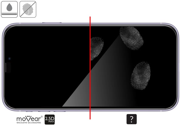 Zalety powierzchni oleofobowej szkła ochronnego moVear mBOX GLASS mSHIELD 2.5D MAX na Apple iPhone 11 / Xr Powłoka oleofobowa na matowym szkle hartowanym moVear mBOX GLASS mSHIELD 2.5D MAX do Apple iPhone 11 / Xr z ekranem o przekątnej 6.1 cala