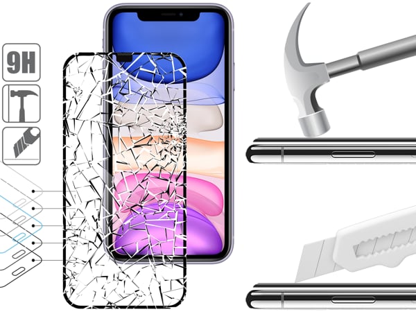 Budowa i wytrzymałość szkła hartowanego moVear mBOX GLASS mSHIELD 2.5D MAX na iPhone 11 / iPhone Xr (6.1 Wytrzymałe szkło moVear mBOX GLASS mSHIELD 2.5D MAX ochroni ekran Twojego Apple iPhone 11 / Xr. Wizualizacja warstw i powłok produktu.