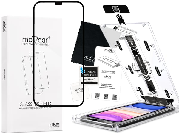 Zawartość zestawu moVear mBOX GLASS mSHIELD 2.5D MAX na iPhone 11 / iPhone Xr (6.1 Co zawiera oryginalne opakowanie szkła moVear mBOX GLASS mSHIELD 2.5D MAX do iPhone 11 / iPhone Xr: