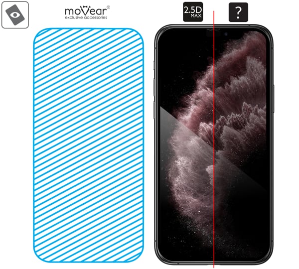 Area of the glass surface mARG™ moVear mBOX GLASS mSHIELD 2.5D MAX for iPhone 11 Pro Max / iPhone Xs MAX (6.5 Real glass in mARG™ technology is covers entire surface of the moVear mBOX GLASS mSHIELD 2.5D MAX protector for Apple iPhone 11 Pro Max / Xs MAX.