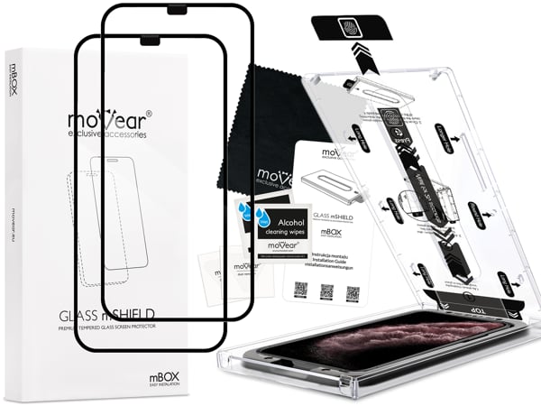 Contents of the moVear mBOX GLASS mSHIELD 2.5D MAX for Apple iPhone 11 Pro Max / Xs MAX (6.5 What is included in the original moVear mBOX GLASS mSHIELD 2.5D MAX glass packaging for Apple iPhone 11 Pro Max / Xs MAX: