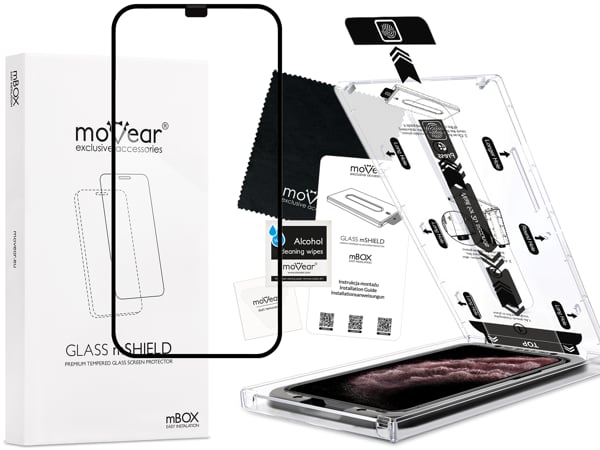 Contents of the moVear mBOX GLASS mSHIELD 2.5D MAX for Apple iPhone 11 Pro Max / Xs MAX (6.5 What is included in the original moVear mBOX GLASS mSHIELD 2.5D MAX glass packaging for Apple iPhone 11 Pro Max / Xs MAX (6.5
