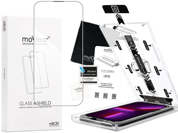 Co zawiera oryginalne opakowanie szkła moVear mBOX GLASS mSHIELD 2.5D do iPhone 14 Plus / 13 Pro Max: 