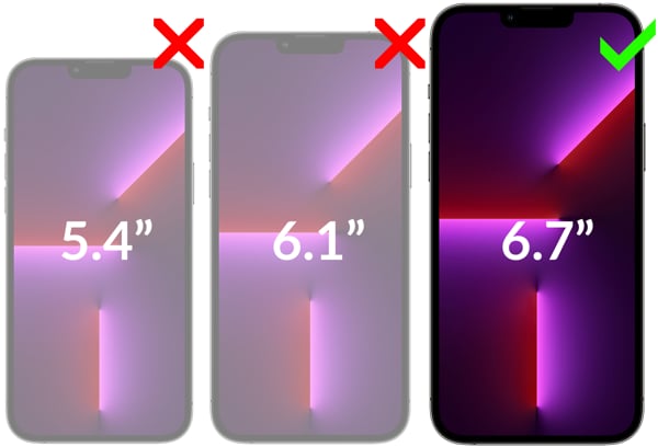 Obrazek prezentujący kompatybilność szkła hartowanego moVear mBOX GLASS mSHIELD 2.5D na iPhone 14 Plus / 13 Pro Max. Aby uniknąć pomyłek przy zakupie, zwróć uwagę na dokładny model swojego telefonu.