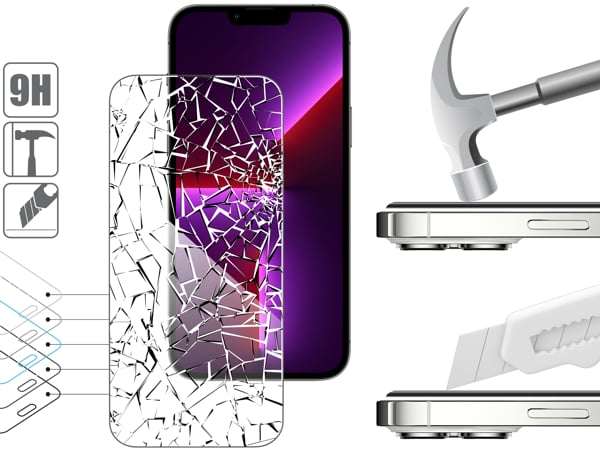 Wytrzymałe szkło moVear mBOX GLASS mSHIELD 2.5D ochroni ekran Twojego iPhone 14 Plus / 13 Pro Max. Wizualizacja warstw i powłok produktu.