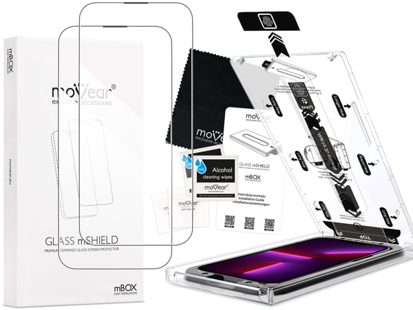 Co zawiera oryginalne opakowanie szkła moVear mBOX GLASS mSHIELD 2.5D do Apple iPhone 13 Pro Max / 14 Plus: 