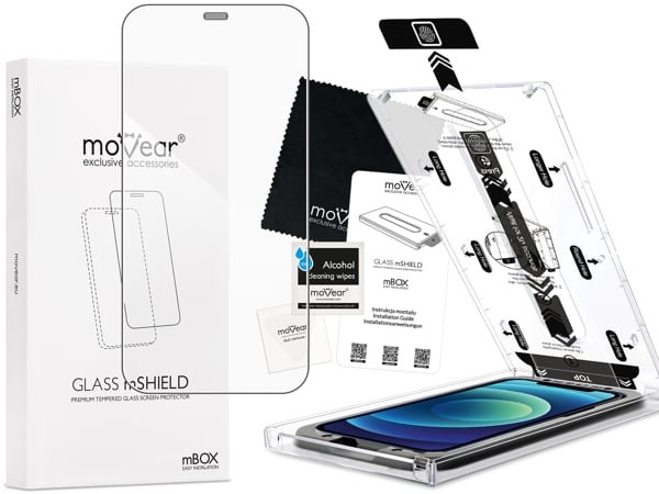 Co zawiera oryginalne opakowanie szkła moVear mBOX GLASS mSHIELD 2.5D do iPhone 12 Pro / 12 (6.1