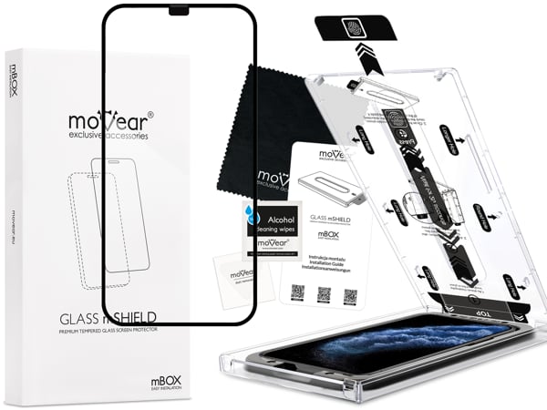 Contents of the moVear mBOX GLASS mSHIELD 2.5D MAX for Apple iPhone 11 Pro / Xs / X What is included in the original moVear mBOX GLASS mSHIELD 2.5D MAX glass packaging for Apple iPhone 11 Pro / Xs / X (5.8