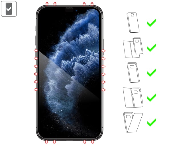 Which types of cases is suitable for moVear mBOX GLASS mSHIELD 2.5D MAX for iPhone 11 Pro / iPhone Xs / X mBOX GLASS mSHIELD 2.5D MAX for iPhone 11 Pro / iPhone Xs / X allows use with many cases. Use the case to better protect your smartphone from damage.
