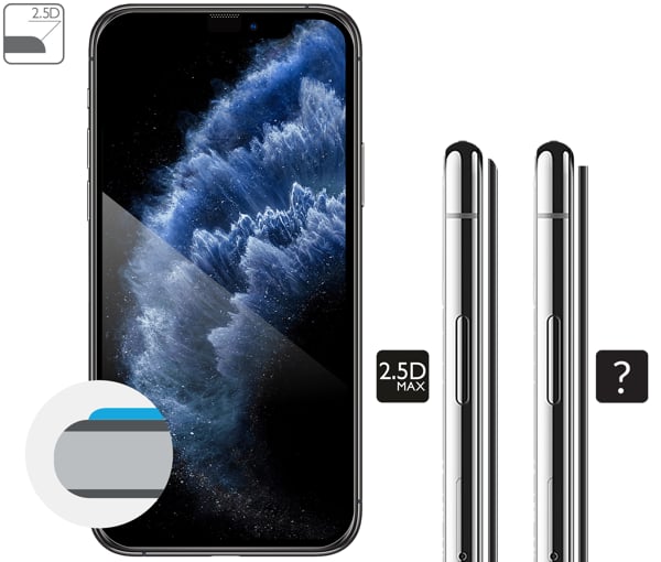 Graphic description of the 2.5D MAX edge of moVear tempered glass mBOX GLASS mSHIELD 2.5D MAX for iPhone 11 Pro / iPhone Xs / X Rounded safety edges 2.5D of moVear mBOX mSHIELD 2.5D MAX glass for Apple iPhone 11 Pro / Xs / X (5.8
