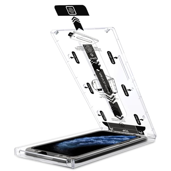 Easy assembly of the moVear glass to Apple iPhone 11 Pro / Xs / X with the mBOX installation system Precise Glass Positioning - moVear mBOX System for Apple iPhone 11 Pro / Xs / X