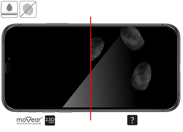 Advantages of the oleophobic surface of the protective glass moVear mBOX GLASS mSHIELD 2.5D MAX for iPhone 11 Pro / iPhone Xs / X (5.8 Oleophobic coating on matt tempered glass moVear mBOX GLASS mSHIELD 2.5D MAX for Apple iPhone 11 Pro / Xs / X z ekranem o przekątnej 5.8 cala