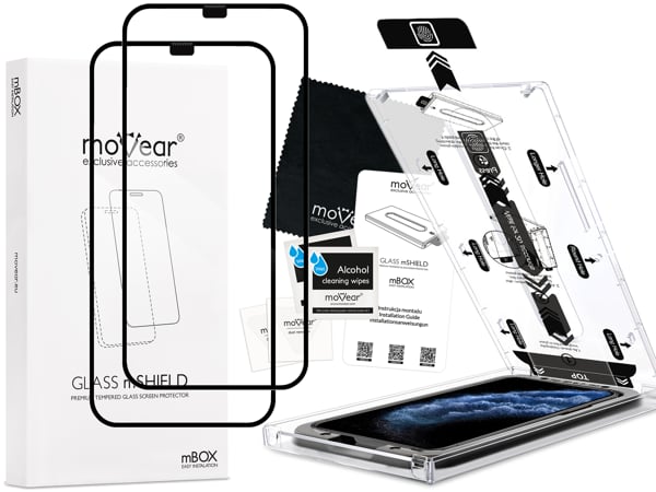 Contents of the moVear mBOX GLASS mSHIELD 2.5D MAX for iPhone 11 Pro / iPhone Xs / X What is included in the original moVear mBOX GLASS mSHIELD 2.5D MAX glass packaging for Apple iPhone 11 Pro / Xs / X (5.8