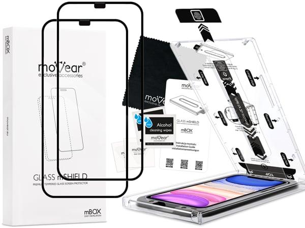 Zawartość zestawu moVear mBOX GLASS mSHIELD 2.5D MAX na iPhone 11 / iPhone Xr Co zawiera oryginalne opakowanie szkła moVear mBOX GLASS mSHIELD 2.5D MAX do Apple iPhone 11 / Xr: