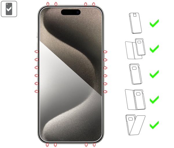 Which types of cases is suitable for moVear mBOX GLASS mSHIELD 2.5D for Apple iPhone 15 Pro / 15 mBOX GLASS mSHIELD 2.5D on Apple iPhone 15 Pro / 15 allows use with most cases. Use a case to better protect your smartphone from damage.