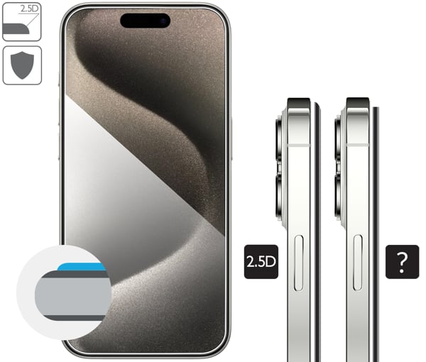 Graphic description of the 2.5D edge of moVear tempered glass mBOX GLASS mSHIELD 2.5D for Apple iPhone 15 Pro / 16 / 15 (6.1 Rounded safety edges 2.5D of moVear glass for Apple iPhone 16 / 15 / 15 Pro (6.1