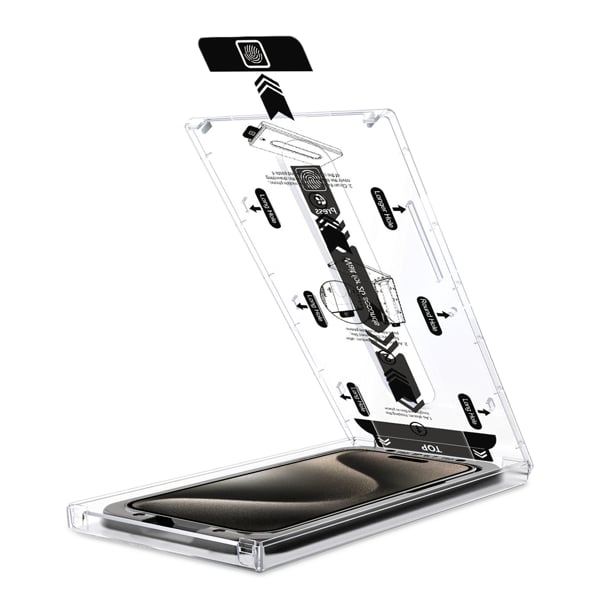 Easy assembly of the moVear glass to Apple iPhone 15 Pro / 15 with the mBOX installation system Precise Glass Positioning - moVear mBOX System for Apple iPhone 15 Pro / 15 (6.1