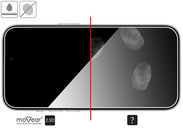 Advantages of the oleophobic surface of the protective glass moVear mBOX GLASS mSHIELD 2.5D for Apple iPhone 15 Pro / 15 (6.1 Oleophobic coating on matt tempered glass moVear mBOX GLASS mSHIELD 2.5D for Apple iPhone 16 / 15 / 15 Pro z ekranem o przekątnej 6.1 cala
