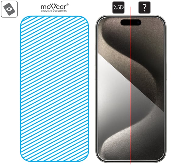 Area of the glass surface mARG™ moVear mBOX GLASS mSHIELD 2.5D for Apple iPhone 15 Pro / 16 / 15 (6.1 Real glass in mARG™ technology is covers entire surface of the moVear mBOX GLASS mSHIELD 2.5D protector for Apple iPhone 15 Pro / 15.