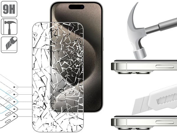 Structure and strength of tempered glass moVear mBOX GLASS mSHIELD 2.5D for Apple iPhone 15 Pro / 15 Durable glass moVear mBOX GLASS mSHIELD 2.5D will protect the screen of your Apple iPhone 15 Pro / 15. Visualization of layers and coatings of the product.