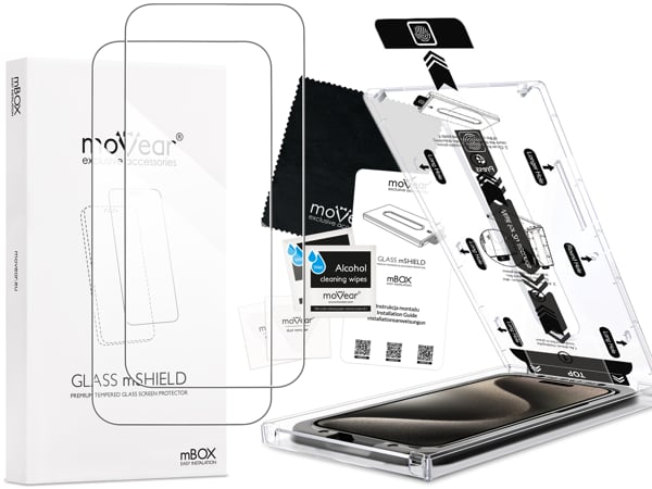 Contents of the moVear mBOX GLASS mSHIELD 2.5D for Apple iPhone 15 Pro / 15 (6.1 What is included in the original moVear mBOX GLASS mSHIELD 2.5D glass packaging for Apple iPhone 16 / 15 / 15 Pro (6.1