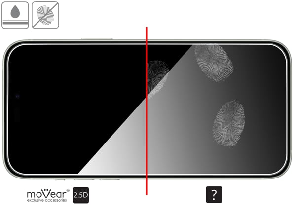 Vorteile der oleophoben Oberfläche des Schutzglases moVear mBOX GLASS mSHIELD 2.5D für Apple iPhone 15 Pro Max / 16/15 Plus Oleophobe Beschichtung auf mattem gehärtetem Glas moVear mBOX GLASS mSHIELD 2.5D für Apple iPhone 16/15 Plus / 15 Pro Max z ekranem o przekątnej 6.7 cala