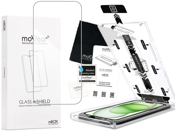 Inhalt des moVear mBOX GLASS mSHIELD 2.5D für Apple iPhone 15 Pro Max / 16/15 Plus (6.7 Was ist in der originalen moVear mBOX GLASS mSHIELD 2.5D Glasverpackung für Apple iPhone 16/15 Plus / 15 Pro Max (6.7