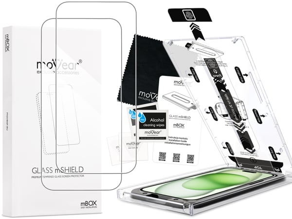 Contents of the moVear mBOX GLASS mSHIELD 2.5D for Apple iPhone 16/15 Plus / 15 Pro Max (6.7 What is included in the original moVear mBOX GLASS mSHIELD 2.5D glass packaging for Apple iPhone 16/15 Plus / 15 Pro Max: