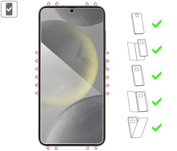 Welche Arten von Fällen eignet sich für moVear mBOX GLASS mSHIELD 2.5D für Samsung Galaxy S25 / S24 mBOX GLASS mSHIELD 2.5D auf Samsung Galaxy S25 / S24 ermöglicht die Verwendung mit den meisten Hüllen. Verwenden Sie eine Hülle, um Ihr Smartphone besser vor Beschädigungen zu schützen.