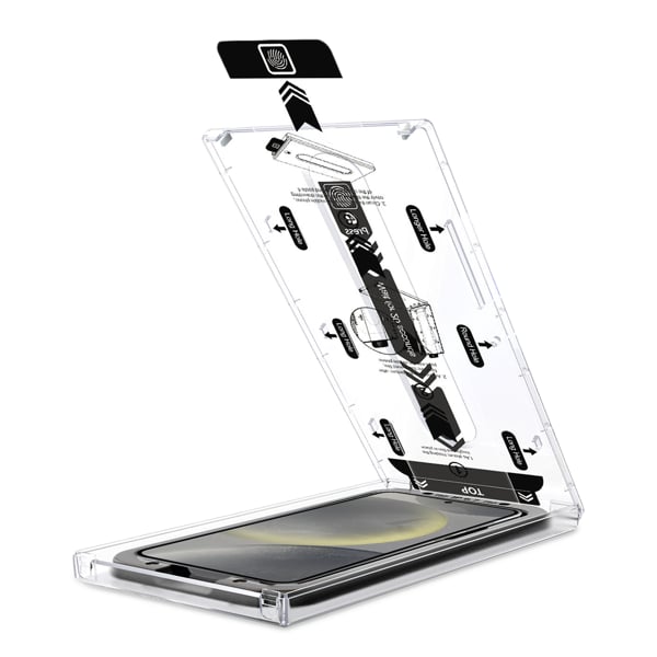 Einfache Montage des moVear-Glases an Samsung Galaxy S25 / S24 (6.2 Präzise Glaspositionierung - moVear mBOX-System für Samsung Galaxy S25 / S24