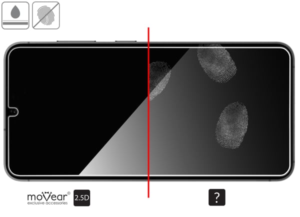 Vorteile der oleophoben Oberfläche des Schutzglases moVear mBOX GLASS mSHIELD 2.5D für Samsung Galaxy S25 / S24 Oleophobe Beschichtung auf mattem gehärtetem Glas moVear mBOX GLASS mSHIELD 2.5D für Samsung Galaxy S25 / S24 z ekranem o przekątnej 6.2 cala