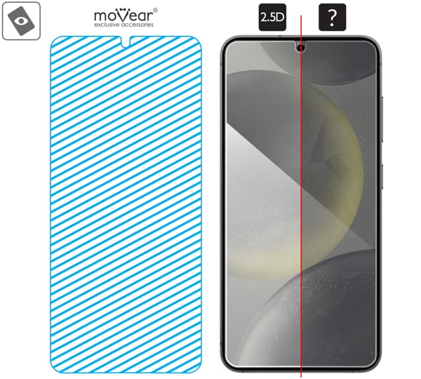 Fläche der Glasoberfläche mARG™ moVear mBOX GLASS mSHIELD 2.5D für Samsung Galaxy S25 / S24 Echtes Glas in mARG ™ -Technologie bedeckt die gesamte Oberfläche des moVear mBOX GLASS mSHIELD 2.5D-Schutzes für Samsung Galaxy S25 / S24.