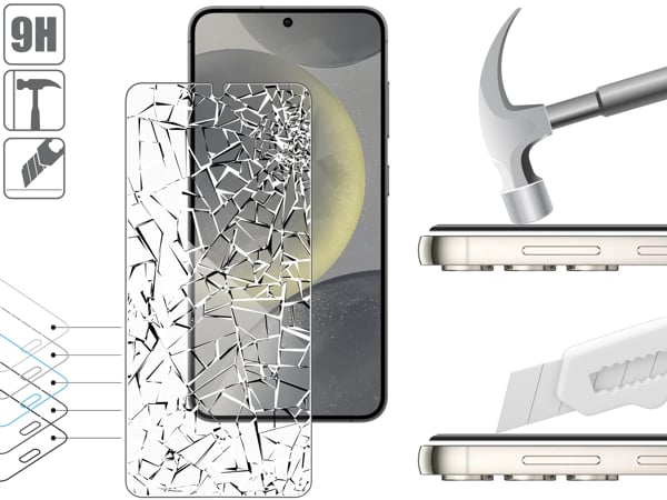Struktur und Festigkeit von gehärtetem Glas moVear mBOX GLASS mSHIELD 2.5D für Samsung Galaxy S25 / S24 Robustes Glas moVear mBOX GLASS mSHIELD 2.5D schützt den Bildschirm Ihres Samsung Galaxy S25 / S24. Visualisierung von Schichten und Beschichtungen des Produkts.