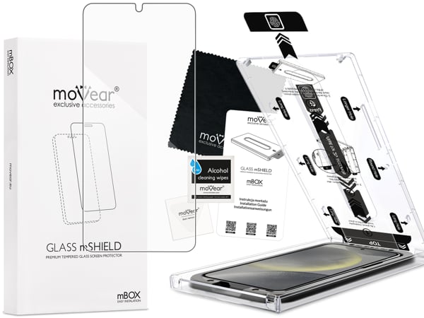 Inhalt des moVear mBOX GLASS mSHIELD 2.5D für Samsung Galaxy S25 / S24 Was ist in der originalen moVear mBOX GLASS mSHIELD 2.5D Glasverpackung für Samsung Galaxy S25 / S24 enthalten: