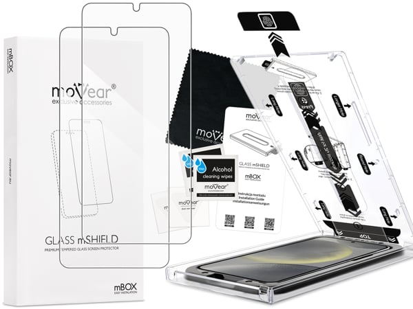Inhalt des moVear mBOX GLASS mSHIELD 2.5D für Samsung Galaxy S25 / S24 Was ist in der originalen moVear mBOX GLASS mSHIELD 2.5D Glasverpackung für Samsung Galaxy S25 / S24 enthalten: