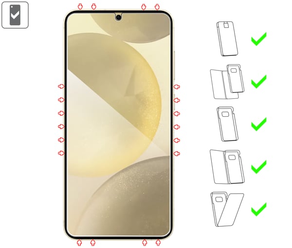 Welche Arten von Fällen eignet sich für moVear mBOX GLASS mSHIELD 2.5D für Samsung Galaxy S25+/S24+ (Plus) (6.7 mBOX GLASS mSHIELD 2.5D auf Samsung Galaxy S25+/S24+ (Plus) ermöglicht die Verwendung mit den meisten Hüllen. Verwenden Sie eine Hülle, um Ihr Smartphone besser vor Beschädigungen zu schützen.