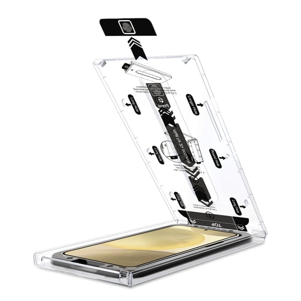 Einfache Montage des moVear-Glases an Samsung Galaxy S25+/S24+ (Plus) mit dem mBOX-Installationssystem Präzise Glaspositionierung - moVear mBOX-System für Samsung Galaxy S25+ / S24+ (Plus)