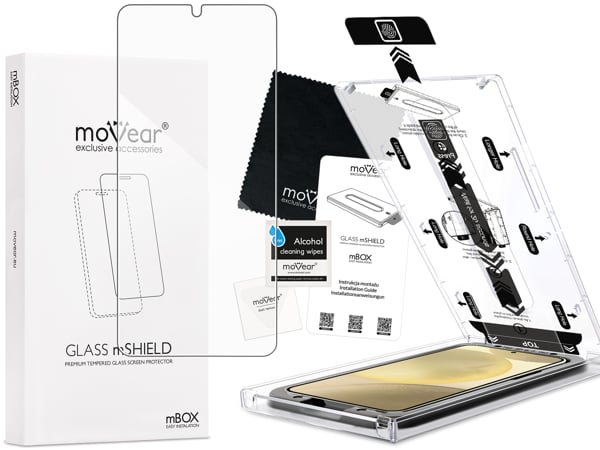 Inhalt des moVear mBOX GLASS mSHIELD 2.5D für Samsung Galaxy S25+/S24+ (Plus) (6.7 Was ist in der originalen moVear mBOX GLASS mSHIELD 2.5D Glasverpackung für Samsung Galaxy S25+ / S24+ (Plus) enthalten: