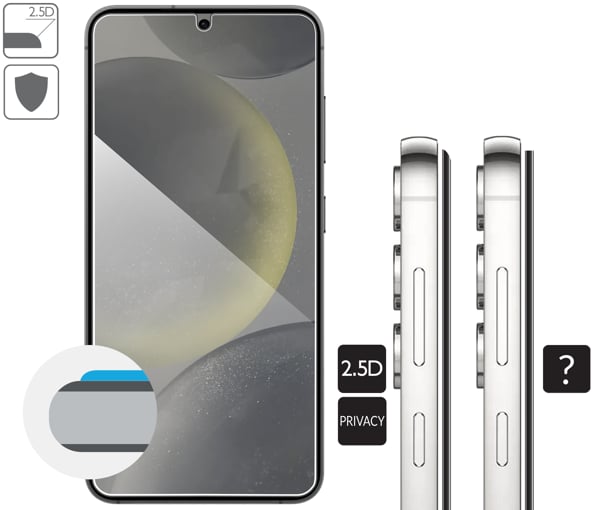 Grafische Beschreibung der 2.5D Kante von moVear gehärtetem Glas mBOX GLASS mSHIELD 2.5D privacy für Samsung Galaxy S25 / S24 Abgerundete Sicherheitskanten 2.5D aus moVear-Glas für Samsung Galaxy S25 / S24.