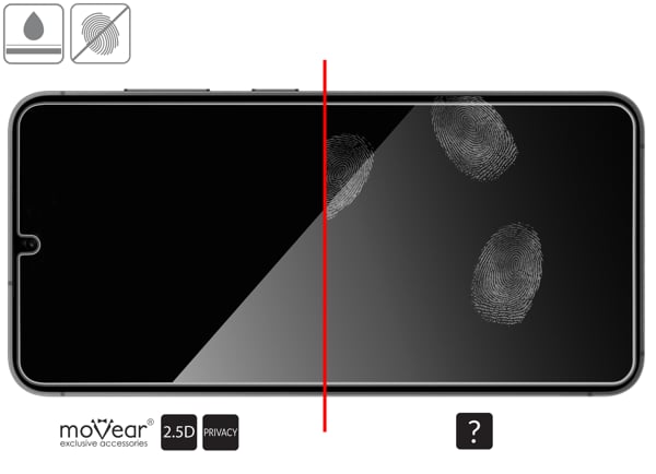 Vorteile der oleophoben Oberfläche des Schutzglases moVear mBOX GLASS mSHIELD 2.5D privacy für Samsung Galaxy S25 / S24 Oleophobe Beschichtung auf mattem gehärtetem Glas moVear mBOX GLASS mSHIELD 2.5D privacy für Samsung Galaxy S25 / S24 z ekranem o przekątnej 6.2 cala