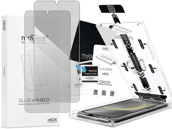 Inhalt des moVear mBOX GLASS mSHIELD 2.5D privacy für Samsung Galaxy S25 / S24 Was ist in der originalen moVear mBOX GLASS mSHIELD 2.5D privacy Glasverpackung für Samsung Galaxy S25 / S24 enthalten: