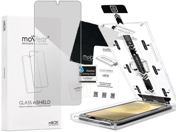 Inhalt des moVear mBOX GLASS mSHIELD 2.5D privacy für Samsung Galaxy S25+ / S24+ (Plus) Was ist in der originalen moVear mBOX GLASS mSHIELD 2.5D privacy Glasverpackung für Samsung Galaxy S25+/S24+ (Plus) (6.7