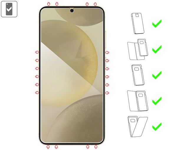 Welche Arten von Fällen eignet sich für moVear mBOX GLASS mSHIELD 2.5D privacy für Samsung Galaxy S25+ / S24+ (Plus) mBOX GLASS mSHIELD 2.5D Privacy auf Samsung Galaxy S25+/S24+ (Plus) ermöglicht die Verwendung mit den meisten Hüllen. Verwenden Sie eine Hülle, um Ihr Smartphone besser vor Beschädigungen zu schützen.