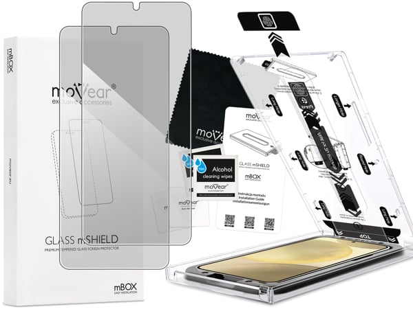 Inhalt des moVear mBOX GLASS mSHIELD 2.5D privacy für Samsung Galaxy S25+ / S24+ (Plus) (6.7 Was ist in der originalen moVear mBOX GLASS mSHIELD 2.5D privacy Glasverpackung für Samsung Galaxy S25+/S24+ (Plus) enthalten: