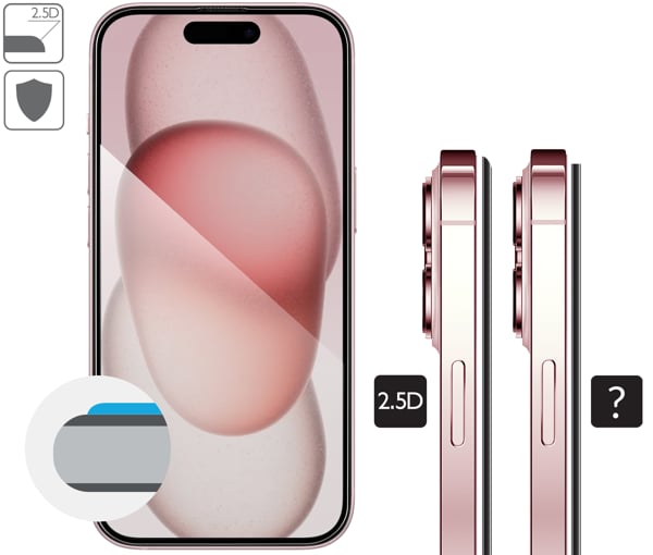 Opis graficzny krawędzi 2.5D MAX szkła hartowanego moVear mBOX GLASS mSHIELD 2.5D MAX privacy na Apple iPhone 16 / 15 (6,1 Zaokrąglone bezpieczne krawędzie 2.5D szkła moVear mBOX mSHIELD 2.5D MAX privacy dla Apple iPhone 16 / 15.