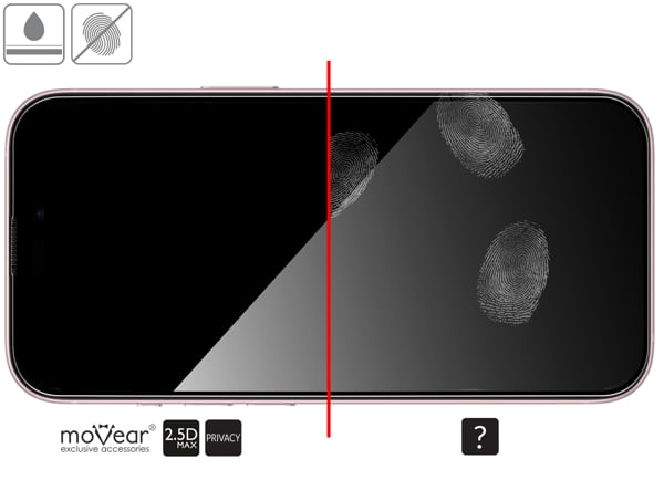 Zalety powierzchni oleofobowej szkła ochronnego moVear mBOX GLASS mSHIELD 2.5D MAX privacy na Apple iPhone 16 / 15 (6,1 Powłoka oleofobowa na matowym szkle hartowanym moVear mBOX GLASS mSHIELD 2.5D MAX privacy do Apple iPhone 16 / 15 z ekranem o przekątnej 6,1 cala