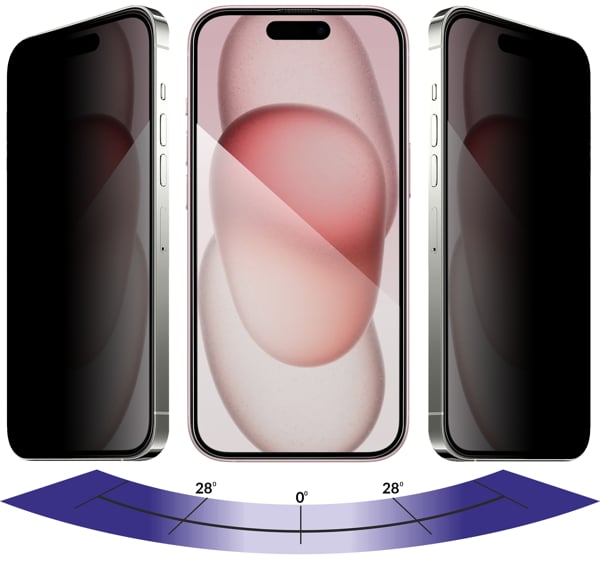 Zalety matowej szklanej powierzchni moVear mBOX GLASS mSHIELD 2.5D MAX privacy na Apple iPhone 16 / 15 Filtr prywatyzujący w szkle moVear GLASS mSHIELD 2.5D Max privacy