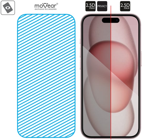 Obszar szklanej powierzchni mARG™ moVear mBOX GLASS mSHIELD 2.5D MAX privacy na Apple iPhone 16 / 15 (6,1 Prawdziwe szkło w technologii mARG™ znajduje się na całej powierzchni protektora moVear mBOX GLASS mSHIELD 2.5D MAX privacy do Apple iPhone 16 / 15.